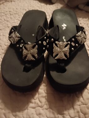Montana West Black Sandal Flip Flops with Silver Cross Accents